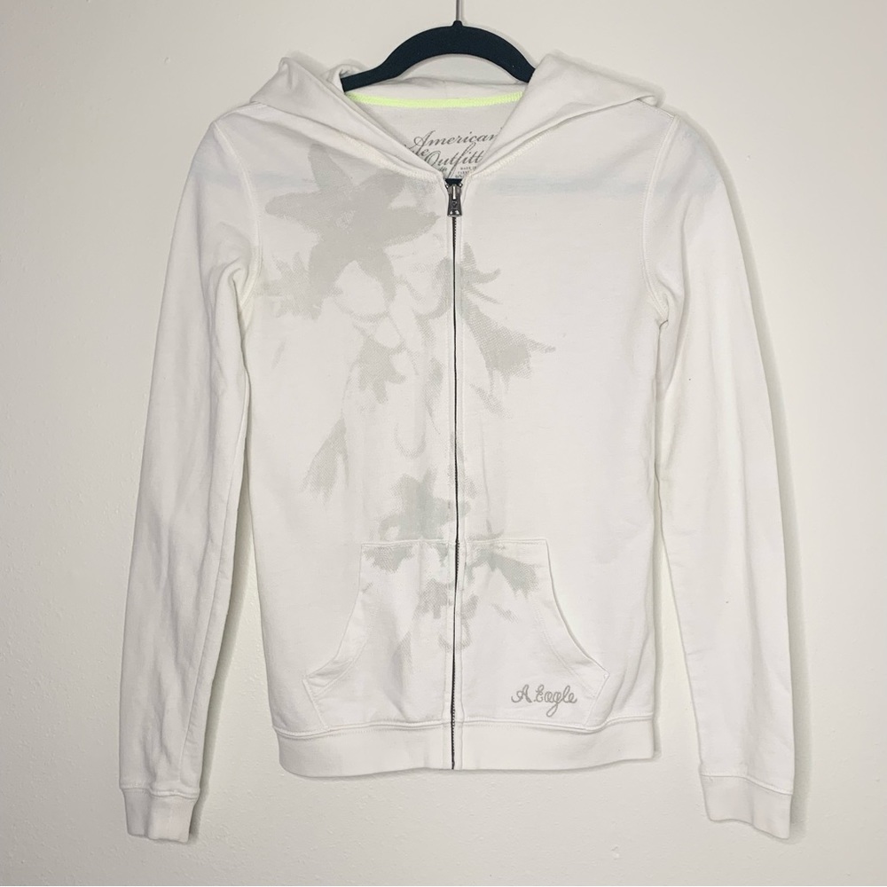 American Eagle | Thin White Zip Up Hoodie with Pockets - Small